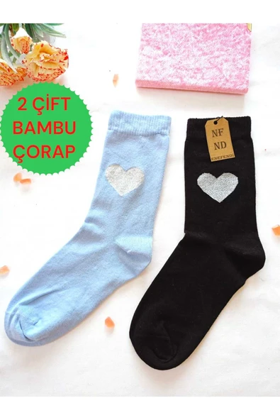 2 ÇİFT DİKİŞSİZ SOKET BAMBU SİMLİ KALPLİ ÇORABI YUMUŞAK KADIN MAVİ SİYAH ÇORAP 36-40 ürün görseli 1