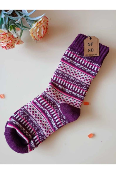 2 ÇİFT KALIN KIŞLIK YUMUŞAK ÇORAP YILBAŞI MOTİF ETNİK DESENLİ KADIN ÇORABI MAVİ MOR  36-40 - Resim 3