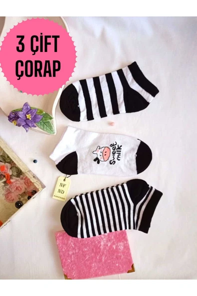 3 ÇİFT KADIN ÇORAP BURUN DİKİŞSİZ PAMUKLU KISA KONÇ DESENLİ PATİK ÇORABI 36-40 SİYAH BEYAZ ürün görseli 1