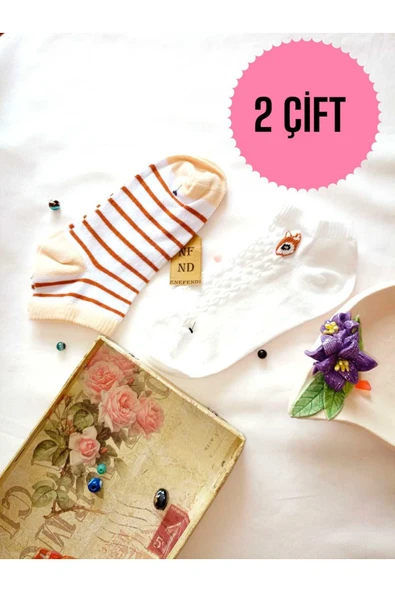 2 ÇİFT BURUN DİKİŞSİZ PATİK  PAMUKLU ÇORAP KISA KONÇ KADIN ÇORABI 36-40 KAHVE KREM ÇİZGİLİ ürün görseli 1