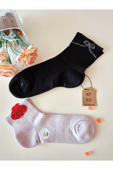 2 ÇİFT PAMUKLU DİKİŞSİZ GÜLTAŞLI KOKULU LİKRA LASTİKSİZ KISAKONÇ ÇORAP PEMBE SİYAH KADIN ÇORABI 3640 - Resim 5