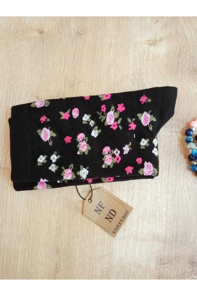 2 ÇİFT SİMLİ PAMUKLU DİKİŞSİZ YILBAŞI ÇİÇEKLİ  SOKET ÇORABI YUMUŞAK SİYAH KADIN ÇORAP 36-40 - Resim 4