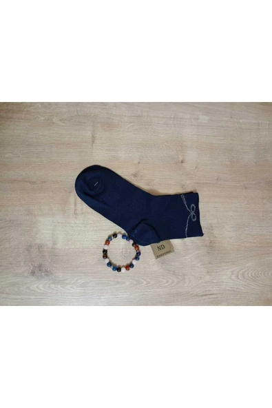 KURDELE TAŞLI LASTİKSİZ KOKULU LİKRALI KISAKONÇ  ÇORAP DİKİŞSİZ PAMUKLU LACİVERT KADIN ÇORABI - Resim 2