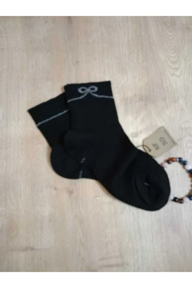 KURDELE TAŞLI LASTİKSİZ KOKULU LİKRALI KISAKONÇ  ÇORAP DİKİŞSİZ PAMUKLU SİYAH KADIN ÇORABI 3640 - Resim 5