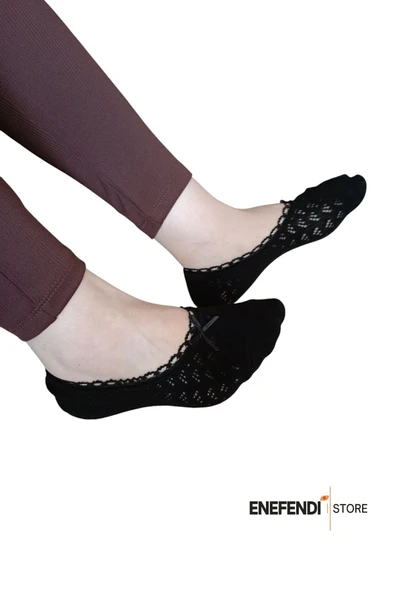 BABET ÇORAP 2 ÇİFT KADIN MERSERİZE DANTELLİ FİLE PAMUKLU GÖRÜNMEZ ÇORABI SİYAH BEYAZ - Resim 5