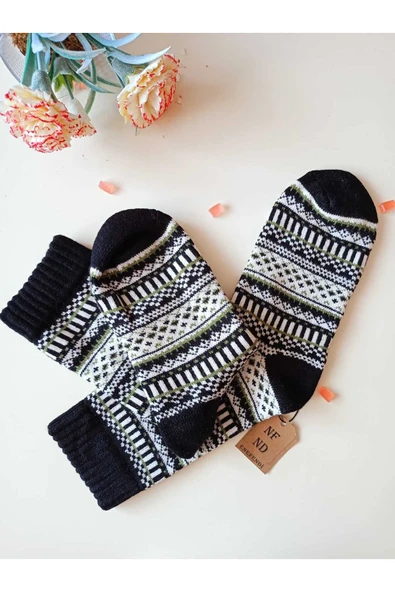 2 ÇİFT KALIN KIŞLIK YUMUŞAK ÇORAP YILBAŞI MOTİF ETNİK DESENLİ KADIN ÇORABI SİYAHYEŞİL PEMBE 36-40 - Resim 5