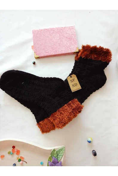 2 ÇİFT TAY TÜYÜ TERS HAVLU PATİK ÇORABI KABARTMALI KOKULU YILBAŞI HEDİYE SİYAH TURUNCU ÇORAP 36-40 - Resim 2