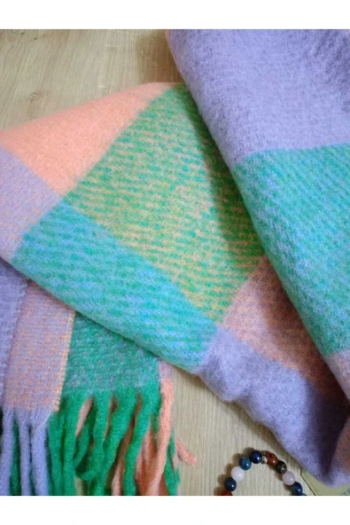 Omuz Şalı - Atkı  Renkli Yumuşak, Çift Taraflı Pofidik Yeşil Pembe Mavi Kışlık , Sıcak 45 X 180 - Resim 3