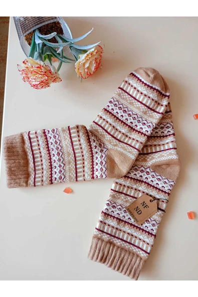 2 ÇİFT KALIN KIŞLIK YUMUŞAK ÇORAP YILBAŞI MOTİF ETNİK DESENLİ KADIN ÇORABI SÜTLÜKAHVE PEMBE 36-40 - Resim 7