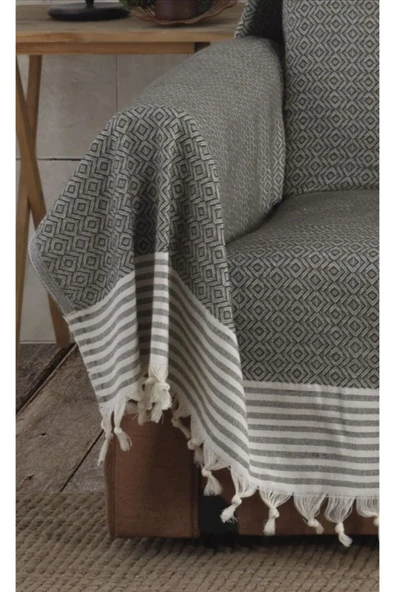 Koltuk Çekyat Örtüsü Krem Siyah Pamuklu Naturel Kolları Kaplayan Püsküllü Büyük Boy 180 x 300 - Resim 4