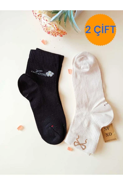 2 ÇİFT TAŞLI KUREDELE VE LOVE DESENLİ DİKİŞSİZ RAHAT HEDİYELİK KOKULU KREM VE SİYAH 36-40 ürün görseli 1