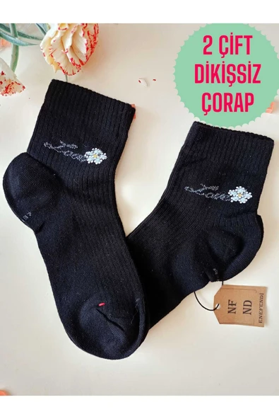 2 ÇİFT LOVE TAŞLI PAMUKLU BURUN DİKİŞSİZ LİKRALI KOKULU KISA KONÇ ÇORAP SİYAH KADIN ÇORABI 36-40 ürün görseli 1