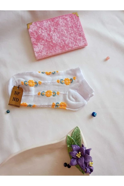 PATİK ÇORAP BURUN DİKİŞSİZ PAMUKLU KISA KONÇ DESENLİ TEK ADET KADIN ÇORABI 36-40 BEYAZ SARI - Resim 3