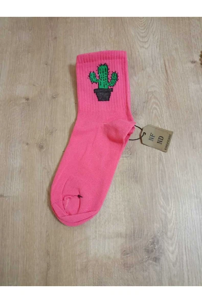 Dikişsiz Kaktüs Desenli Pamuklu Yumuşak Çorap Kaktüslü Arakonç Kadın Pembe Soket Çorabı 36-40 ürün görseli 1