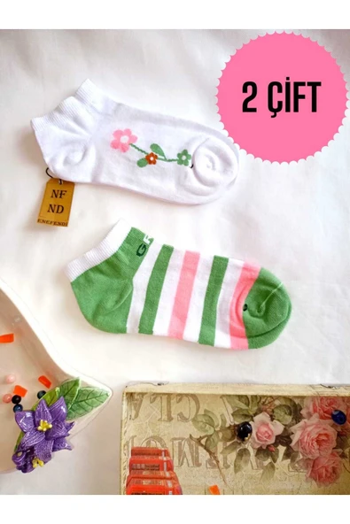2 ÇİFT PATİK ÇORAP DİKİŞSİZ PAMUKLU KISA KONÇ DESENLİ KADIN ÇORABI 36-40 BEYAZ YEŞİL ÇİZGİLİ ürün görseli 1