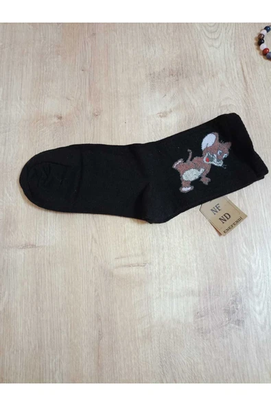 Jerry Hayvan Desenli Pamuklu Çorap Arakonç Kadın Siyah Soket Dikişsiz Çorap 36-40 - Resim 3