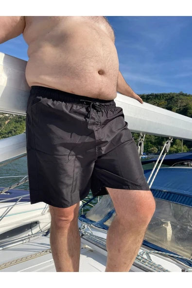 Erkek Büyük Beden Siyah Hızlı Kuruyan Kumaş Tek Arka Cepli Standart Boy Mayo Deniz Şortu ürün görseli 1