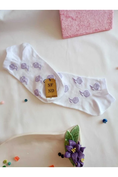 2 ÇİFT KADIN PATİK ÇORAP BURUN DİKİŞSİZ PAMUKLU KISA KONÇ DESENLİ ÇORABI 36-40 MOR KAHVE BEYAZ - Resim 4