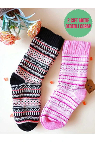 2 ÇİFT KALIN KIŞLIK YUMUŞAK ÇORAP YILBAŞI MOTİF ETNİK DESENLİ KADIN ÇORABI PEMBE KIRMIZISİYAH 36-40 ürün görseli 1