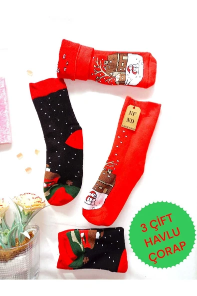 2 ÇİFT TERMAL SOKET  YILBAŞI HAVLU YUMUŞAK HEDİYE KIŞLIK KADIN ÇORABI KIRMIZI SİYAH ÇORAP 36-40 ürün görseli 1
