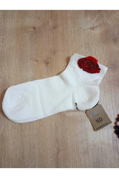 PAMUKLU BURUN DİKİŞSİZ GÜLTAŞLI KOKULU  LİKRALI KISAKONÇ ÇORAP EKRUBEYAZIMSI KADIN ÇORABI 36-40 - Resim 2