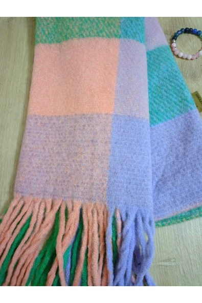 Omuz Şalı - Atkı  Renkli Yumuşak, Çift Taraflı Pofidik Yeşil Pembe Mavi Kışlık , Sıcak 45 X 180 - Resim 2