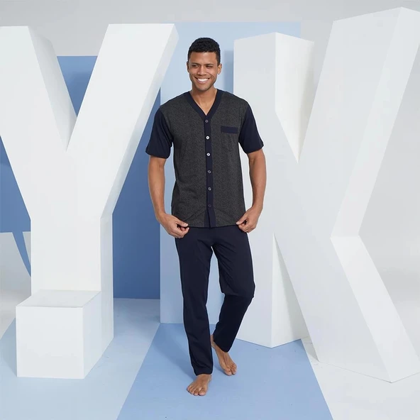 Kly 2097 Erkek V- Yaka Düğmeli Pijama Takım ürün görseli 1