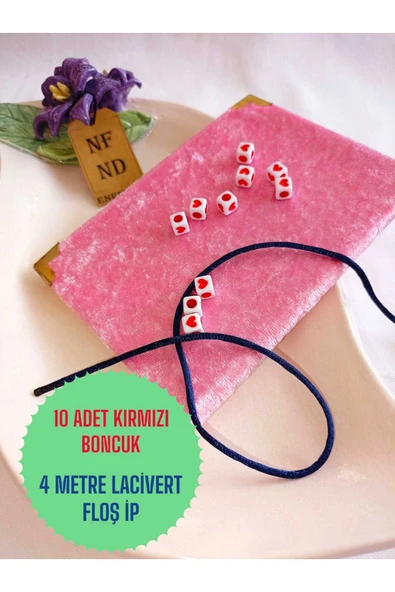 4m LACİVERT FLOŞ İP 10 ADET KALPLİ KARE BONCUK SERT PLASTİK TAKI APARATI HEDİYE DELİKLİ KIRMIZI ürün görseli 1