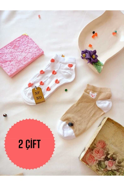 2 ÇİFT ÇORAP PAMUKLU YUMUŞAK BURUN DİKİŞSİZ KISA KONÇ PATİK DESENLİ KADIN ÇORABI 36-40 ürün görseli 1