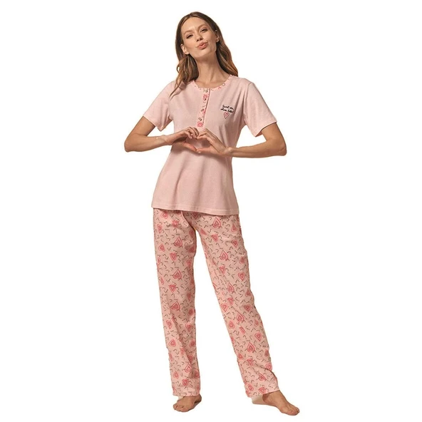 Over Sleep 136 Kadın Yazlık Pamuk Kısa Kol Pijama Takım ürün görseli 1