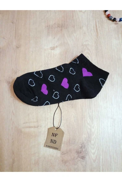 2 ÇİFT PATİK KALP DESENLİ KALPLİ KADIN ÇORABI PAMUKLU KISAKONÇ SİYAH BEYAZ ÇORAP 36-40 - Resim 4