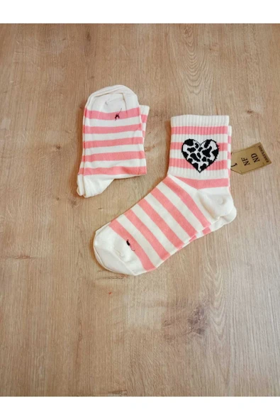 KALP DESENLİ PAMUKLU YUMUŞAK ÇORAP ARAKONÇ KADIN KREM PEMBE SOKET ÇORABI 36-40 - Resim 3