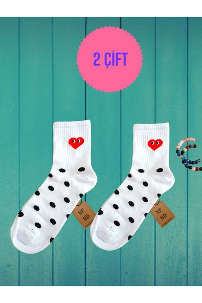 2 ÇİFT PUANTİYELİ KALPLİ BEYAZ KOLEJ  ÇORABI YUMUŞAK PAMUKLU KADIN ÇORAP 36 - 40 ürün görseli 1