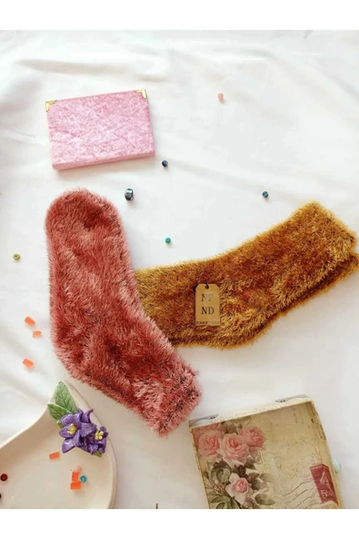 2 ÇİFT TÜYLÜ KIŞLIK TERMAL PATİK DİKİŞSİZ ÇORAP ERKEK KADIN EV-PARTİ ÇORABI GÜL KURUSU SARI 36-41. - Resim 2