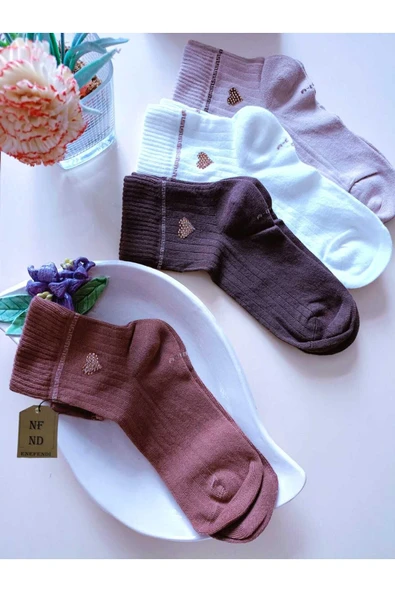 2 ÇİFT TAŞLI KALPLİ KOKULU LİKRALI KISAKONÇ DİKİŞSİZ ÇORAP PAMUKLU SİYAH KAHVE KADIN ÇORABI 36-40 - Resim 4