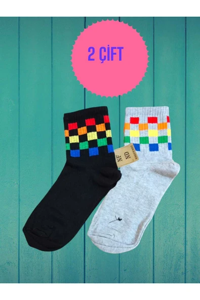 2 ÇİFT KARE DESENLİ PAMUKLU YUMUŞAK KADIN ÇORAP ARAKONÇ SİYAH GRİ SOKET ÇORABI 36-40 ürün görseli