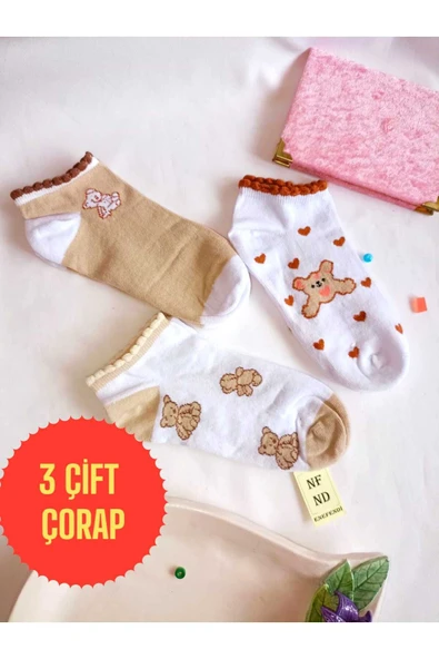 3 ÇİFT ÇORAP DİKİŞSİZ PATİK KADIN PAMUKLU KISA KONÇ DESENLİ ÇORABI 36-40 KAHVE BEYAZ ürün görseli 1