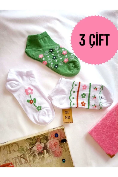 3 ÇİFT DİKİŞSİZ ÇORAP PATİK PAMUKLU KISA KONÇ KADIN ÇORABI 36-40 YEŞİL BEYAZ PEMBE ÇİÇEKLİ ürün görseli