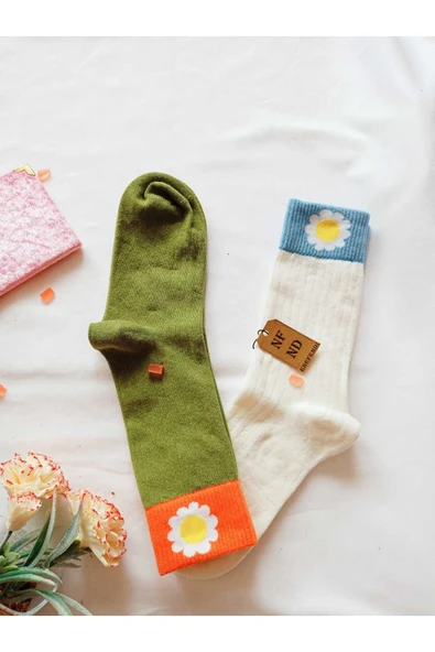 2 ÇİFT PAPATYA PAMUKLU KOKULU KADIN ÇORAP YUMUŞAK DİKİŞSİZ YEŞİL EKRU SOKET 36 40 - Resim 5