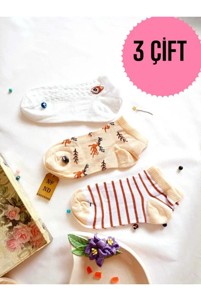 3 ÇİFT PATİK ÇORAP DİKİŞSİZ KADIN PAMUKLU KISA KONÇ DESENLİ ÇORABI 36-40 KREM KAHVE ürün görseli 1