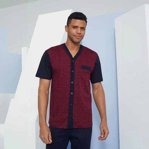 Kly 2097 Erkek V- Yaka Düğmeli Pijama Takım - Resim 3