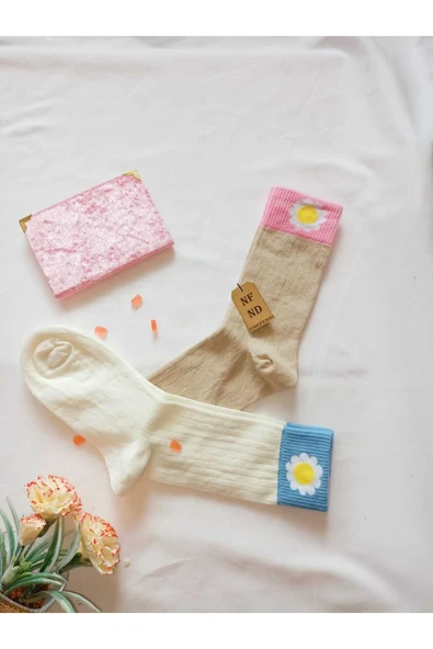 2 ÇİFT PAPATYA PAMUKLU KOKULU KADIN ÇORAP YUMUŞAK DİKİŞSİZ EKRU KAHVE SOKET 36 40 - Resim 5