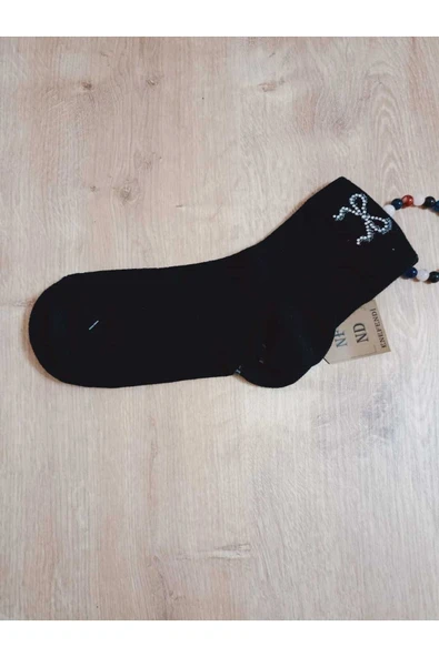 2 ÇİFT KURDELE TAŞLI  PAMUKLU BURUN DİKİŞSİZ LİKRALI KOKULU KISA KONÇ ÇORAP SİYAH KADIN ÇORABI 36-40 - Resim 6