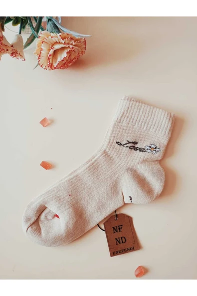 2 ÇİFT GÜL LOVE TAŞLI PAMUKLU BURUN DİKİŞSİZ KOKULU KISA KONÇ ÇORAP KREM SİYAH KADIN ÇORABI 36-40 - Resim 3