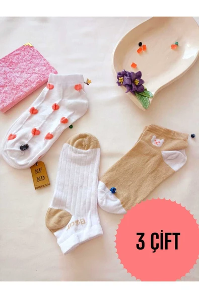 3 ÇİFT PATİK ÇORAP YUMUŞAK DİKİŞSİZ BURUN KADIN PAMUKLU KISA KONÇ DESENLİ ÇORABI 36-40 ürün görseli 1