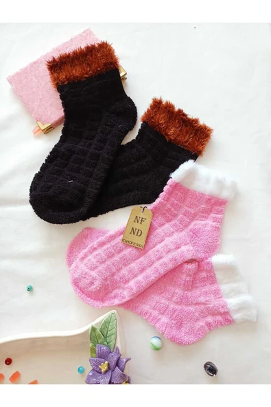 2 ÇİFT TAY TÜYÜ TERS HAVLU PATİK ÇORABI KABARTMALI KOKULU YILBAŞI HEDİYE PEMBE SİYAH ÇORAP 36-40 - Resim 5