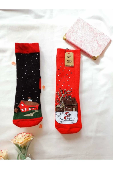 2 ÇİFT TERMAL SOKET  YILBAŞI HAVLU YUMUŞAK HEDİYE KIŞLIK KADIN ÇORABI KIRMIZI SİYAH ÇORAP 36-40 - Resim 2
