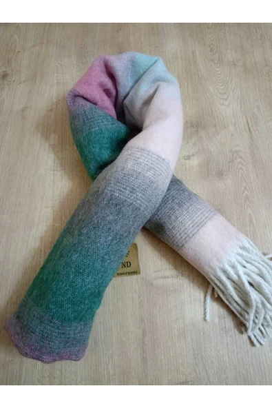 Renkli Kareli Yumuşak, Çift Taraflı Pofidik YeşilPembeSiyah Kışlık ,Sıcak Omuz Şalı - Atkı 45 X 185 - Resim 2