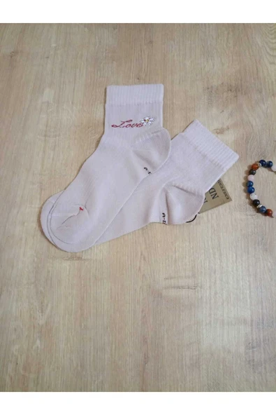 TAŞLI LOVE ÇİÇEK DESENLİ KOKULU LİKRALI KISAKONÇ ÇORAP DİKİŞSİZ PAMUKLU KADIN PEMBE ÇORABI 36-40 - Resim 5