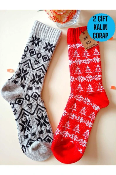 2 ÇİFT BAMBU TERMAL SOKET YILBAŞI HEDİYE KADİFE YUMUŞAK ETNİK KADIN ÇORABI KIRMIZI GRİ ÇORAP 36-40 ürün görseli 1